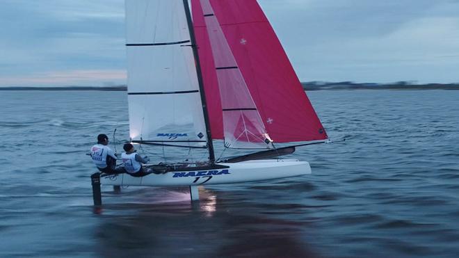 Bora Gulari and Helena Scutt getting acquainted with the foiling Nacra 17 MK2 © Keith Brash